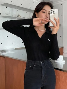DAZY 女款刺繡裝飾商務休閒套頭毛衣 - 黑色 - 查看 5