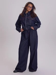 MUSERA Plus Size Blue Denim Drawstring Wide Leg Jeans Winter Fall Womens Outfit Casual - Blue - View 1