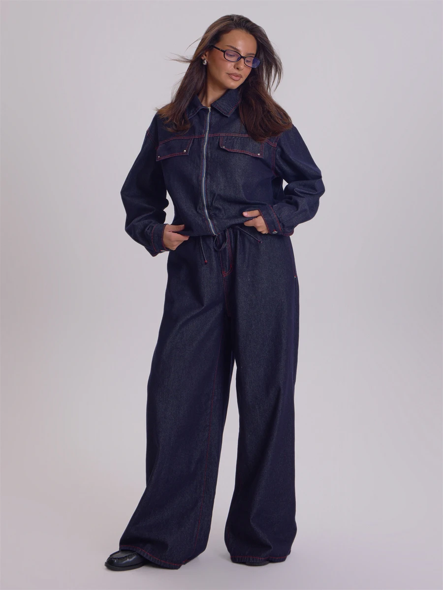 MUSERA Plus Size Blue Denim Drawstring Wide Leg Jeans Winter Fall Womens Outfit Casual - Blue - View 1