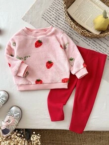 SHEIN 女嬰針織純色草莓圖案人造毛領圓領衛衣與長褲2件套 - 紅白色 - 查看 5