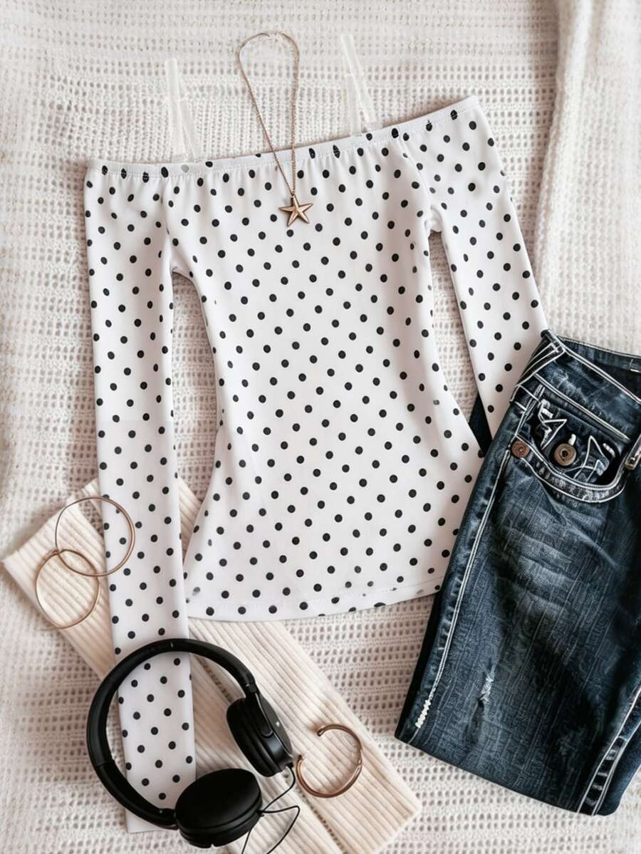 Teen Girl Polka Dot Print Off-Shoulder Long Sleeve Fashion T-Shirt - White - View 1