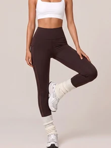 SHEIN BAE Women Dark Brown Stripe Pocket Mesh High Waist Leggings Tummy Control Gym Workout Training Running Yoga Athletic Pants - Coffee Brown - View 3