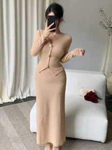 DAZY Women's V-Neck Sweater And Long Skirt Elegant 2 Pieces Set - Khaki - View 6