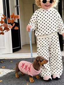 Baby Girl Vintage Cute Dopamine Black & White Contrast Polka Dot Soft Thick Long Sleeve Crew Neck Pullover Sweatshirt & Wide Leg Pants Set, Suitable For Autumn/Winter, Korean Style, Casual Comfortable, Fashion Kids Wear, Y2K, Vacation Comfort - Multicolor - View 6