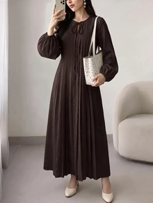 Solavon Women's Solid Color Casual Party Long Dress - Coffee Brown - View 5