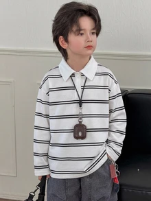 DAZY 青少年男孩條紋休閒百搭日常穿著T恤 - 黑與白 - 查看 5