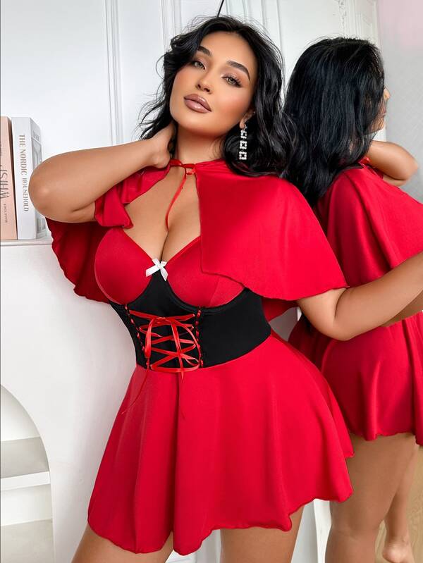 Fantasy Costume Fantasy Costume Bộ trang phục Cô bé quàng khăn đỏ cho nữ, áo cami lụa sữa dây buộc và chân váy chữ A kèm áo choàng, set 3 món
