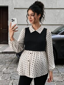 Momance Maternity Polka Dot Patchwork Top, Comfortable Loose Fit - Apricot - View 8