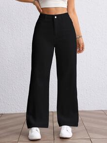 Flexra Tall Fashionable Versatile Solid Color High-Waist Straight Leg Jeans - Black - View 4