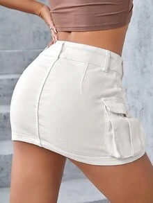 SHEIN ICON 女款休閒日常牛仔迷你裙，附口袋與鈕扣設計 - 米色 - 查看 2