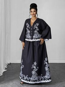 Maweii Setelan 2 Potong Atasan dan Rok Motif Bordir Bunga Leher V untuk Wanita Ukuran Besar (Musim Gugur) - Hitam - View 6