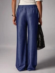 Avenya Low Waist Eyelet Lace-Up Denim Effect Casual Pants - Blue - View 2