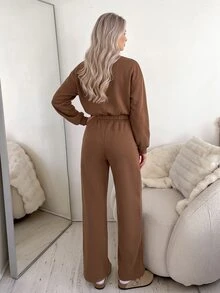 Easowa طقم سويت شيرت نسائي من قطعتين، كاجوال مريح وأنيق بأسلوب التنقل اليومي، طراز المال القديم، خريف/شتاء - شوكولاته بني - مشاهدة 5