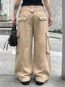 Dazy Plus Heavy-Duty Design Large Pocket Loose Wide-Leg Casual Street Long Denim Jeans - Beige - View 2