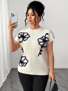Elenzga Women's Spring/Summer New Single Piece Round Neck Sleeveless Machine Embroidered Floral Pattern French Style Elegant Loose Regular Fit Knit Pullover Lady Daily Versatile Fashion Plus Size Top - Beige - View 5