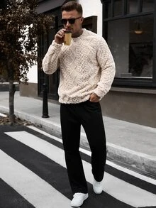 Manfinity Homme Men's Casual Fashion Vintage Long Sleeve Fuzzy Pullover Sweatshirt, Essential For Outings, Perfect Gift For Family And Boyfriend - Khaki - View 3