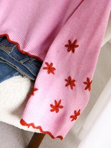 Elaquor Plus Size Fashion Vacation 3D Embroidered Pullover Sweater Date Night Evening Pink Floral Autumn Cute Casual Winter - Pink - View 3