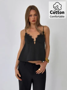Aloruh Women's Spring/Summer New Solid Black Lace Trim Camisole - Black - View 3