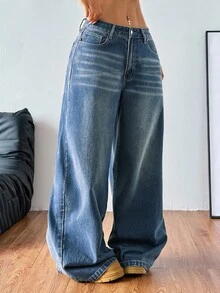 Coolane Women's Casual Denim Jeans With Pockets, Loose Wide Leg - Black - View 4