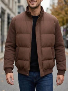 DAZY Brown Padded Body With Contrast Sleeves, Faux Fur Collar Design Men's Padded Coat - Brown - View 7