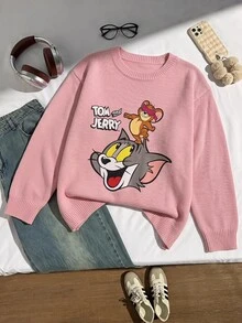 TOM & JERRY X SHEIN SHEIN EZwear 大尺碼女款卡通印花休閒日常長袖針織衫 - 彩色 - 查看 7