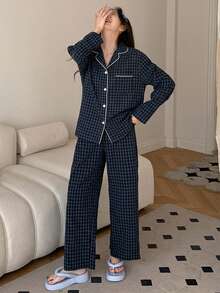 DAZY 2pcs Plaid Embroidered Pattern Pajama Set Fall - Navy Blue - View 3