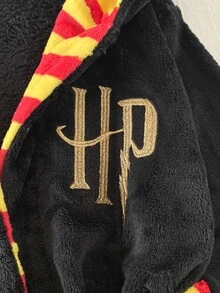 PrepCrw HARRY POTTER X SHEIN Tween Boy Embroidered Striped Kids Colorblock Pocket Hooded Lounge Autumn Jacket - Black - View 5