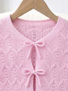 SHEIN 少女寬鬆休閒極簡舒適圓領長袖蝴蝶結波點開襟衫 秋冬返校季 - 粉色 - 查看 4