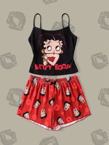 Betty Boop x SHEIN 女款字母卡通印花細肩帶上衣與短褲休閒居家睡衣套裝 - 黑色 - 查看 1