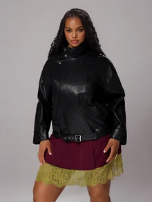 Rustia Jaket Fashion Wanita Ukuran Besar Warna Polos Kulit PU Lengan Panjang dengan Saku untuk Musim Gugur - Hitam - View 3