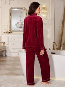 LuxeNights Women's Autumn/Winter Solid Color Striped Embossed Velvet Front Button Patch Pocket Long Sleeve Pants Pajama Set Loungewear - Red - View 3