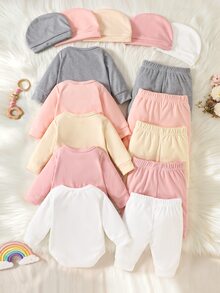 SHEIN 15件組新生女嬰連身褲褲子帽子套裝 淡粉色奶油黃灰粉色白色灰色 羅紋針織長袖 日常冬季聖誕家庭款 - 彩色 - 查看 3