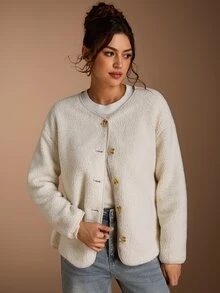 SHEIN BASICS Women's Solid Color Long Sleeve Single-Breasted Casual Regular Fit Jacket Travel Everyday Off-White Autumn Office Everyday Going Out - Apricot - View 3