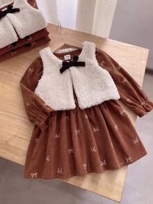 SHEIN Playful Pals 女嬰 2 件套洋裝套裝 秋冬格紋長袖復古甜美米色卡其印花洋裝褲裝襯衫 - 棕色 - 查看 1