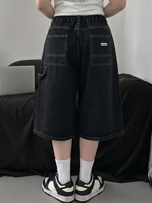 Dazy Plus Celana Pendek Denim Vintage Model Longgar Lebar Gaya Jalanan Kasual Denim Celana Pendek Bermuda Musim Semi Musim Panas Musim Gugur - Hitam - View 2