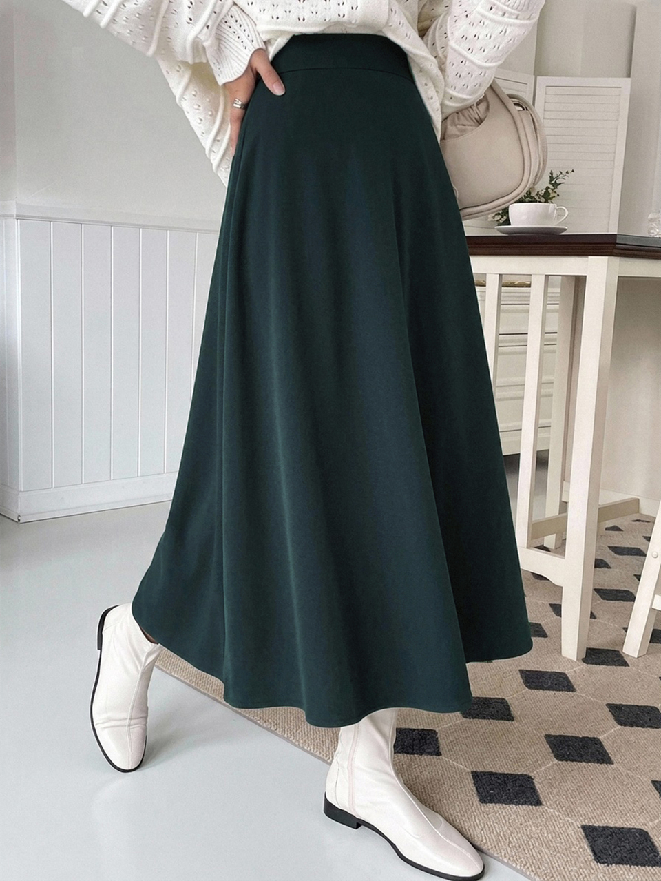 Autumn/Winter High Waist A-Line Solid Color Woven Fabric Minimalist Commuter Style Women's Long Skirt