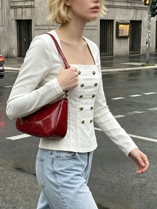 SHEIN 小眾設計修身長袖方領襯衫，百搭款 - 白色 - 查看 4