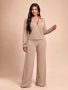 Brilight Ollared Wrap V Neck 2 Pieces Loungewear Set For Daily Brunch Vacation Casual Wear - Khaki - View 8