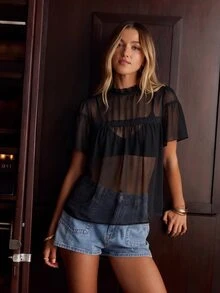 Aralina 波點花瓣袖可愛女款襯衫 春季娃娃裝外出上衣 - 黑色 - 查看 6