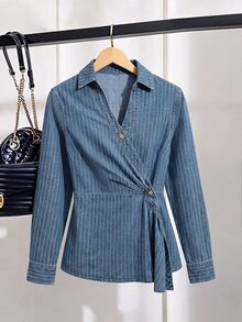 GlowEve CURVE Plus Size Women's Striped Long Sleeve Single-Breasted Casual Denim Jacket - Medium Wash - View 1