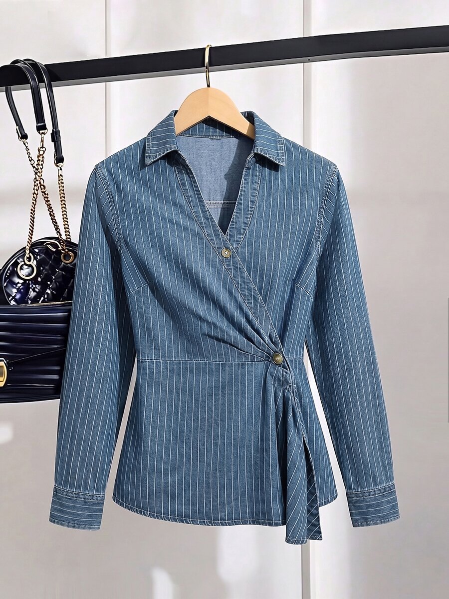 GlowEve CURVE Plus Size Women's Striped Long Sleeve Single-Breasted Casual Denim Jacket - Medium Wash - View 1