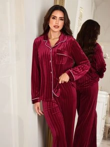 LuxeNights Women's Autumn/Winter Solid Color Striped Embossed Velvet Front Button Patch Pocket Long Sleeve Pants Pajama Set Loungewear - Red - View 5