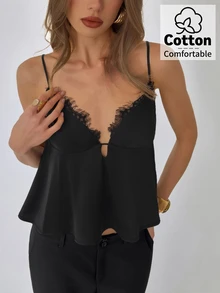 Aloruh Women's Spring/Summer New Solid Black Lace Trim Camisole - Black - View 4