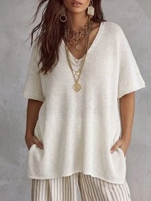 Linhara CURVE Sweater Rajut Longgar Berbentuk V-Neck Lengan Pendek Ukuran Plus untuk Musim Dingin - Putih - View 1