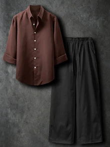 Airaco Men's Solid Color Long Sleeve Single-Breasted Shirt And Pants Casual Set - Multicolor - View 3