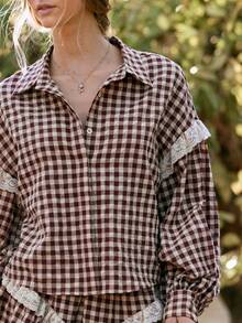 WESTFADE Collared Button Front Gingham & Lace Tie Front Top, Fall Winter 2026, Western Style, Cowgirl Clothing, Rodeo, Female Country Look, Autumn - Multicolor - View 2