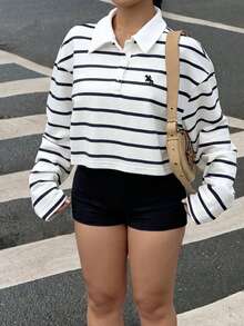 Muchica Plus Size Button Half-Placket Embroidered Striped Long Sleeve Sweatshirt - Black and White - View 1