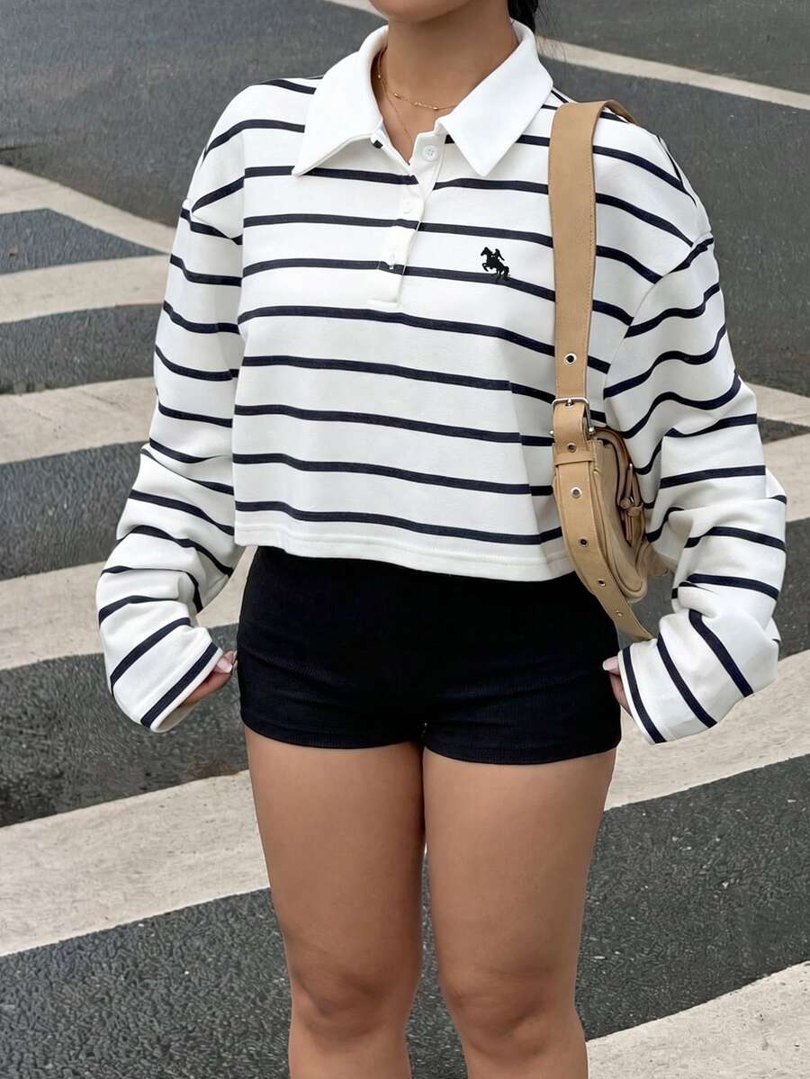 Muchica Plus Size Button Half-Placket Embroidered Striped Long Sleeve Sweatshirt - Black and White - View 1