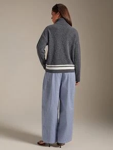 Athîral Soft Knit Contrast Stripe Wide Collar Long Sleeve Gray Loose Casual Preppy Zip-Up Cardigan For Women,Fall Winter,Back To School, Daily,Going Out - Grey - View 3