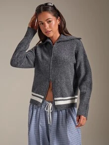 Athîral Soft Knit Contrast Stripe Wide Collar Long Sleeve Gray Loose Casual Preppy Zip-Up Cardigan For Women,Fall Winter,Back To School, Daily,Going Out - Grey - View 6